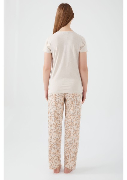 Tropical Vibes Bej Kadın Kısa Kol Pijama Takım indirimleri