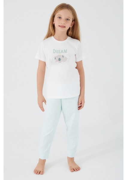 Koala-Muster Krem Açık Nil Kız Çocuk Kısa Kol Pijama Takım