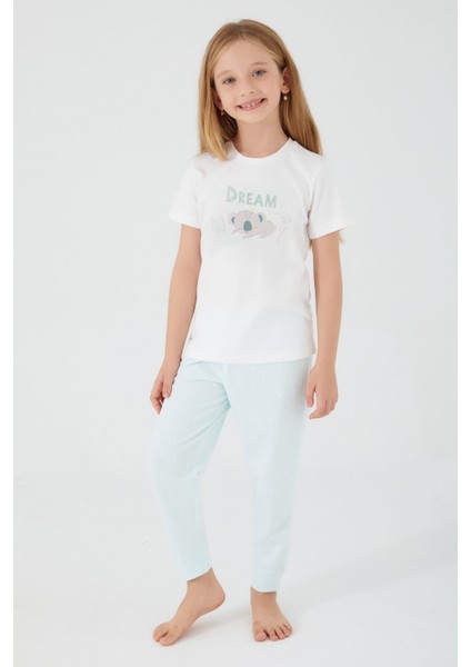 Koala-Muster Krem Açık Nil Kız Çocuk Kısa Kol Pijama Takım modelleri