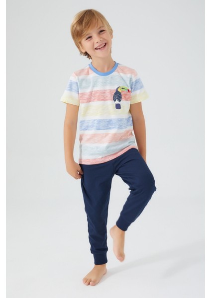 Bird Pattern Krem Erkek Çocuk Kısa Kol Pijama Takım