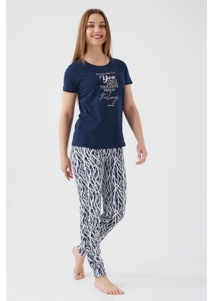 Friday Feelings Lacivert Kadın Kısa Kol Pijama Takım modelleri