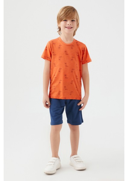 With Bird Pattern Turuncu Erkek Çocuk Bermuda Takım