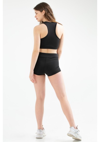 Siyah Slim Fit Düz Dalgıç Kumaş Açık Yaka Kadın Şort Takım - SB0676