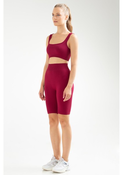 Bordo Slim Fit Düz Açık Yaka Yüksek Bel Toparlayıcı Seamless Kadın Tayt Takım - SSB0009