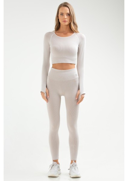 Taş Slim Fit Düz O Yaka Yüksek Bel Kadın Toparlayıcı Seamless Crop Tayt Takım - SSB0010 modelleri