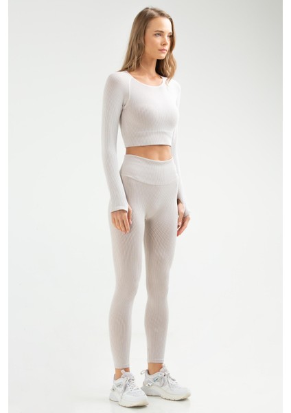 Taş Slim Fit Düz O Yaka Yüksek Bel Kadın Toparlayıcı Seamless Crop Tayt Takım - SSB0010 fırsatları