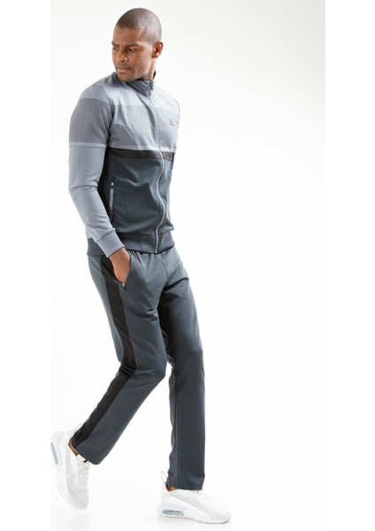 Gri Regular Fit Desenli Dalgıç Kumaş Dik Yaka Fermuarlı Erkek Eşofman Takımı - XA0352