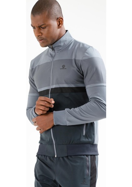 Gri Regular Fit Desenli Dalgıç Kumaş Dik Yaka Fermuarlı Erkek Eşofman Takımı - XA0352