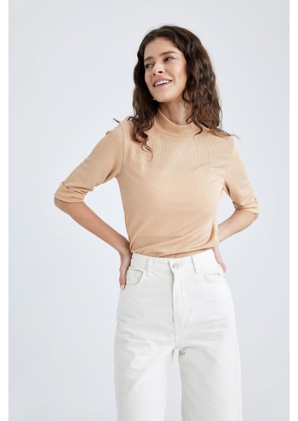 Slim Fit Yarım Balıkçı Yaka Fitilli Kaşkorse Kısa Kollu Tişört V6845AZ23SP