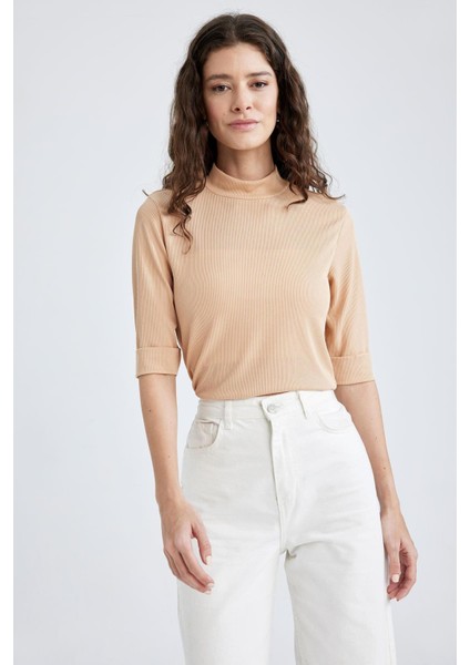 Slim Fit Yarım Balıkçı Yaka Fitilli Kaşkorse Kısa Kollu Tişört V6845AZ23SP