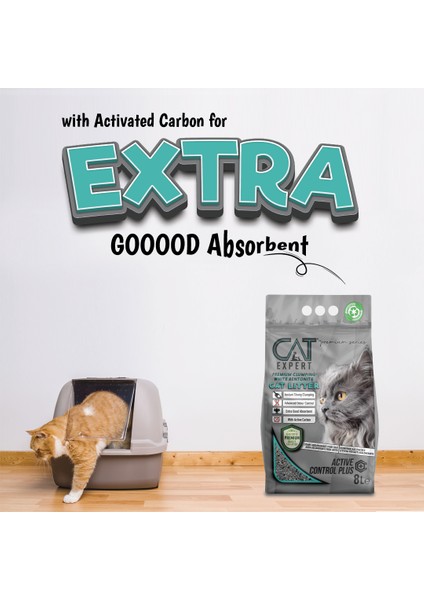 CAT EXPERT Kedi Kumu Active Control Plus Aktif Karbonlu Topaklanan Ve Koku Hapseden Tozsuz 8 Lt X 2 Adet