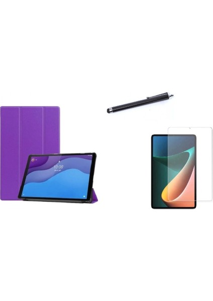 Lenova Tab M10 Plus TB-328F 3.jen Pu Deri Katlanabilir Standlı Akıllı Kılıf Ekran Koruyucu Kalem