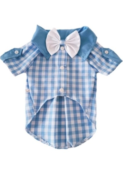 Mavi Beyaz Kareli Papyonlu Erkek Kedi Köpek Kıyafeti Elbisesi