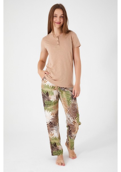 Comfy Açık Kahverengi Kadın Kısa Kol Pijama Takım