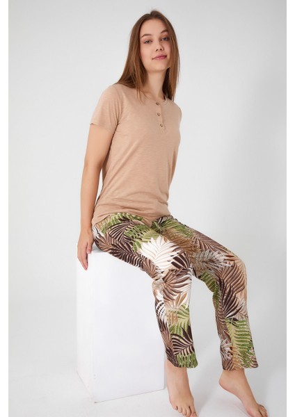 Comfy Açık Kahverengi Kadın Kısa Kol Pijama Takım
