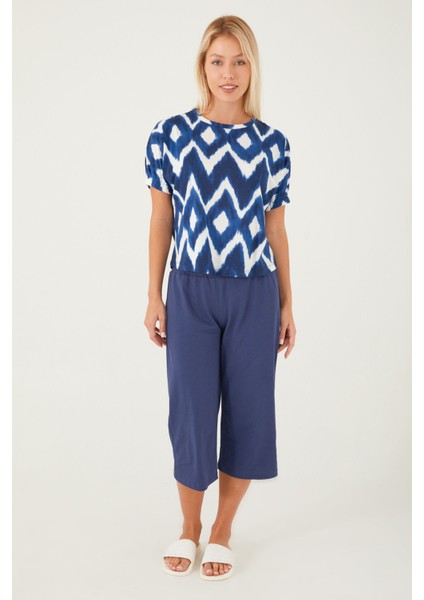 Diagonal Lacivert Kadın Kısa Kol Pijama Takım