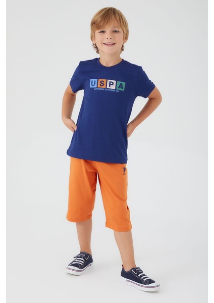 Square Font Detail Lacivert Erkek Çocuk Kapri Takım modelleri