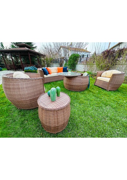 Monalin Home Garden Atlantis 5 Kişilik Rattan Örgü Bahçe & Balkon & Teras Lüks Oturma Grubu Minderli & Camlı & Masalı Lüks Bahçe Takımı