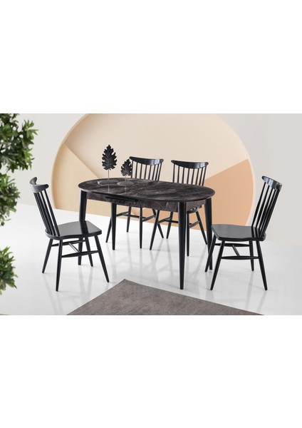 Skala Oval Mdf Açılır Masa Siyah Mermer + 4 Adet Diva Ahşap Sandalye Takım