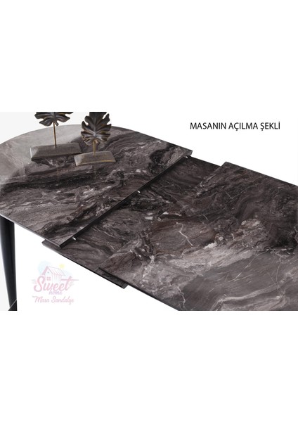 Skala Oval Mdf Açılır Masa Siyah Mermer + 4 Adet Diva Ahşap Sandalye Takım
