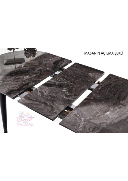 Skala Oval Mdf Açılır Masa Siyah Mermer + 4 Adet Diva Ahşap Sandalye Takım