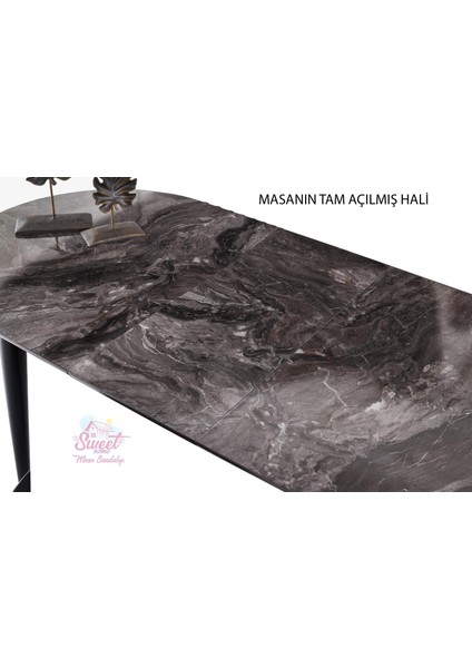 Skala Oval Mdf Açılır Masa Siyah Mermer + 4 Adet Diva Ahşap Sandalye Takım