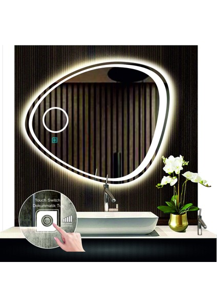 70 cm Çapında Dokunmatik Ledli Makyaj Aynalı Asimetrik Banyo Aynası Dekoratif LED Işıklı Yatay Ayna