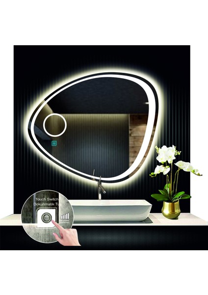 70 cm Çapında Dokunmatik Ledli Makyaj Aynalı Asimetrik Banyo Aynası Dekoratif LED Işıklı Yatay Ayna