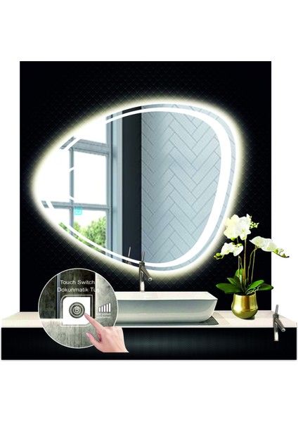 70 cm Çapında Dokunmatik Ledli Makyaj Aynalı Asimetrik Banyo Aynası Dekoratif LED Işıklı Yatay Ayna