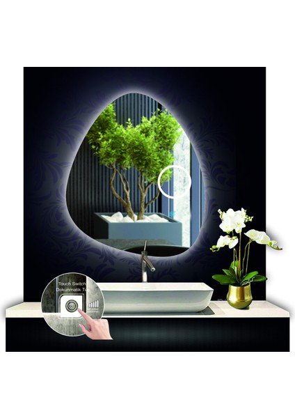 70 cm Çapında Buğu Çözücülü Dokunmatik Ledli Kumlamalı Asimetrik Banyo Aynası Dekoratif LED Işıklı
