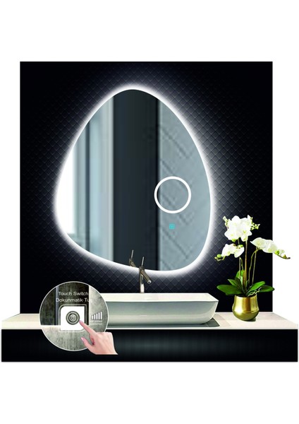 70 cm Çapında Buğu Çözücülü Dokunmatik Ledli Kumlamalı Asimetrik Banyo Aynası Dekoratif LED Işıklı fiyatları