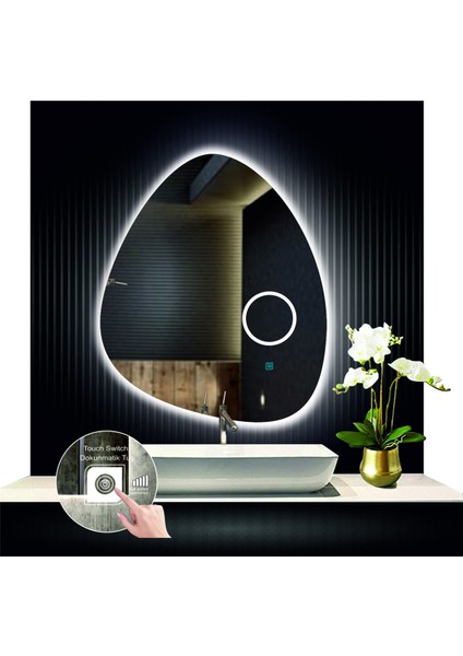 70 cm Çapında Buğu Çözücülü Dokunmatik Ledli Kumlamalı Asimetrik Banyo Aynası Dekoratif LED Işıklı modelleri