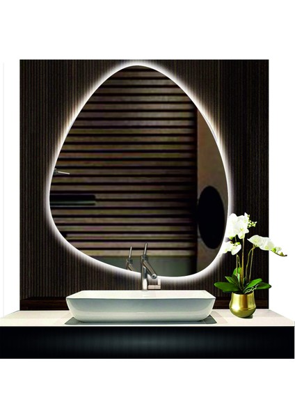 80 cm Çapında LED Işıklı Kumlamalı Asimetrik Banyo Aynası Dekoratif Makyaj Aynası Ledli Dikey Ayna