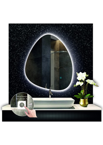 80 cm Çapında Dokunmatik Ledli Kumlamalı Asimetrik Banyo Aynası Dekoratif Makyaj Aynası Ledli Dikey