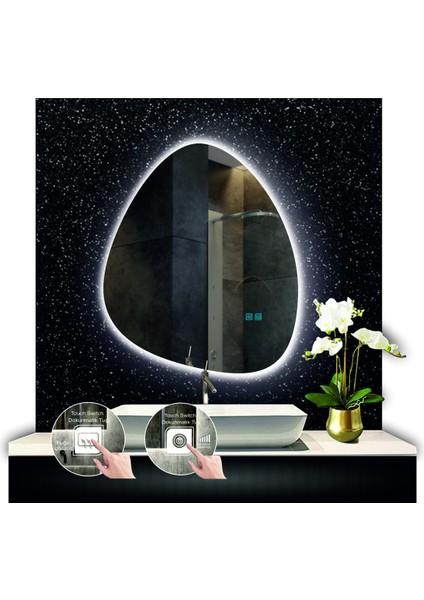 70 cm Çapında Buğu Çözücülü Dokunmatik Ledli Makyaj Aynalı Kumlamalı Asimetrik Banyo Aynası