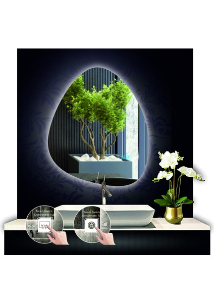 70 cm Çapında Buğu Çözücülü Dokunmatik Ledli Makyaj Aynalı Kumlamalı Asimetrik Banyo Aynası fiyatları