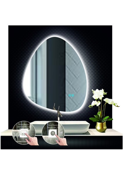70 cm Çapında Buğu Çözücülü Dokunmatik Ledli Makyaj Aynalı Kumlamalı Asimetrik Banyo Aynası modelleri