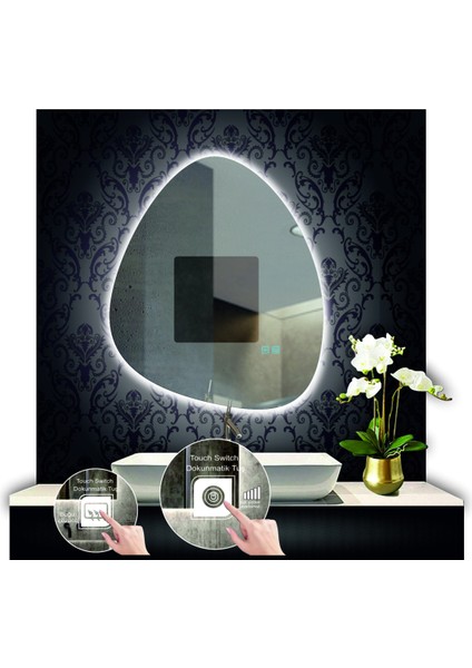 70 cm Çapında Buğu Çözücülü Dokunmatik Ledli Makyaj Aynalı Kumlamalı Asimetrik Banyo Aynası fırsatları