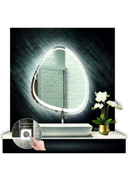 70 cm Çapında Dokunmatik Ledli Kumlamalı Makyaj Aynalı Asimetrik Banyo Aynası Dekoratif Ledli