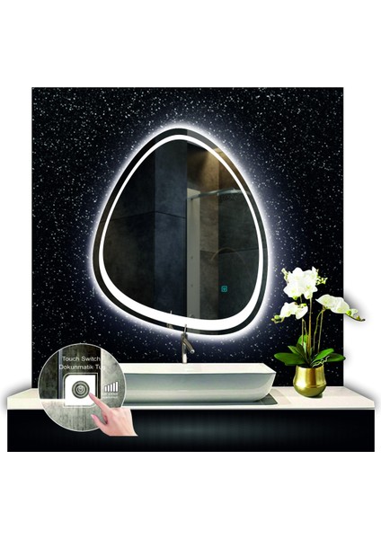 70 cm Çapında Dokunmatik Ledli Kumlamalı Makyaj Aynalı Asimetrik Banyo Aynası Dekoratif Ledli fırsatları