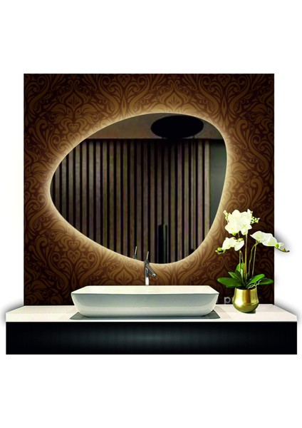 70 cm Çapında LED Işıklı Kumlamalı Asimetrik Banyo Aynası Dekoratif Makyaj Aynası Ledli Yatay Ayna