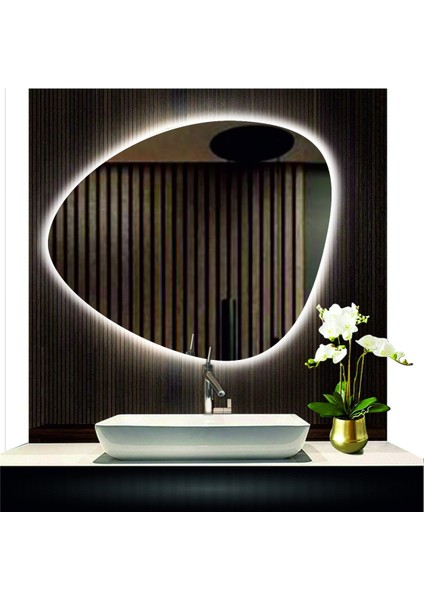 70 cm Çapında LED Işıklı Kumlamalı Asimetrik Banyo Aynası Dekoratif Makyaj Aynası Ledli Yatay Ayna fiyatları
