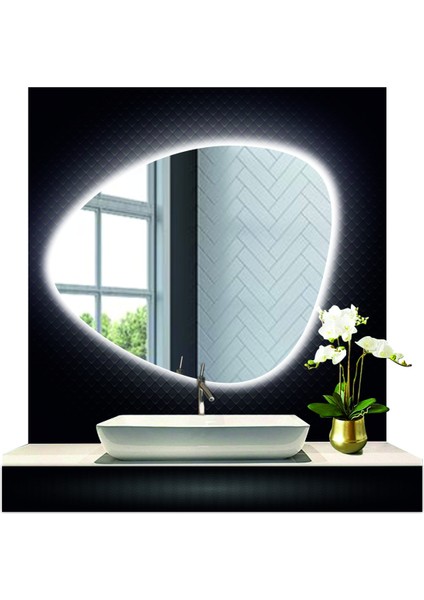 70 cm Çapında LED Işıklı Kumlamalı Asimetrik Banyo Aynası Dekoratif Makyaj Aynası Ledli Yatay Ayna modelleri