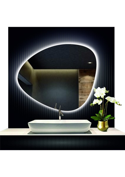 70 cm Çapında LED Işıklı Kumlamalı Asimetrik Banyo Aynası Dekoratif Makyaj Aynası Ledli Yatay Ayna fırsatları