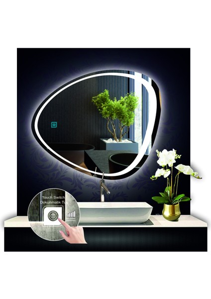 80 cm Çapında Dokunmatik Ledli Kumlamalı Makyaj Aynalı Asimetrik Banyo Aynası Dekoratif Ledli modelleri