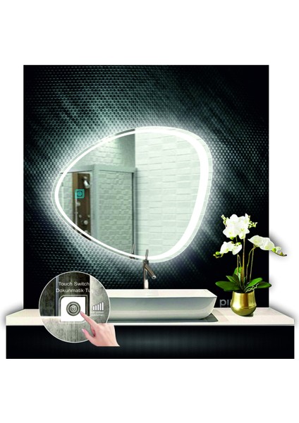 80 cm Çapında Dokunmatik Ledli Kumlamalı Makyaj Aynalı Asimetrik Banyo Aynası Dekoratif Ledli fırsatları