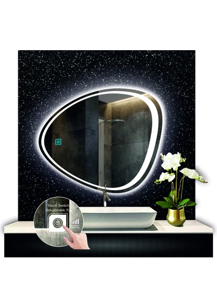 80 cm Çapında Dokunmatik Ledli Kumlamalı Makyaj Aynalı Asimetrik Banyo Aynası Dekoratif Ledli indirimleri