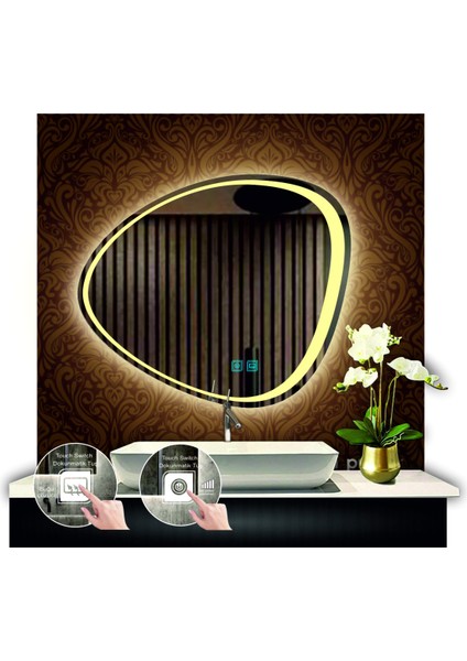 70 cm Çapında Buğu Çözücülü Dokunmatik Ledli Asimetrik Banyo Aynası Dekoratif LED Işıklı Yatay Ayna