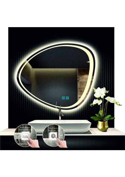 70 cm Çapında Buğu Çözücülü Dokunmatik Ledli Asimetrik Banyo Aynası Dekoratif LED Işıklı Yatay Ayna fiyatları