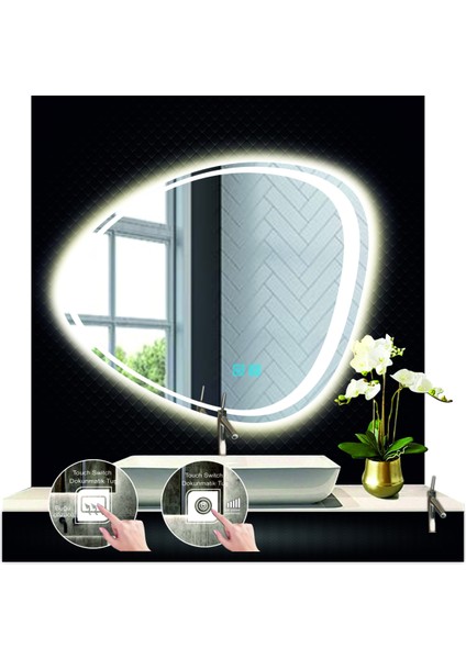 70 cm Çapında Buğu Çözücülü Dokunmatik Ledli Asimetrik Banyo Aynası Dekoratif LED Işıklı Yatay Ayna modelleri